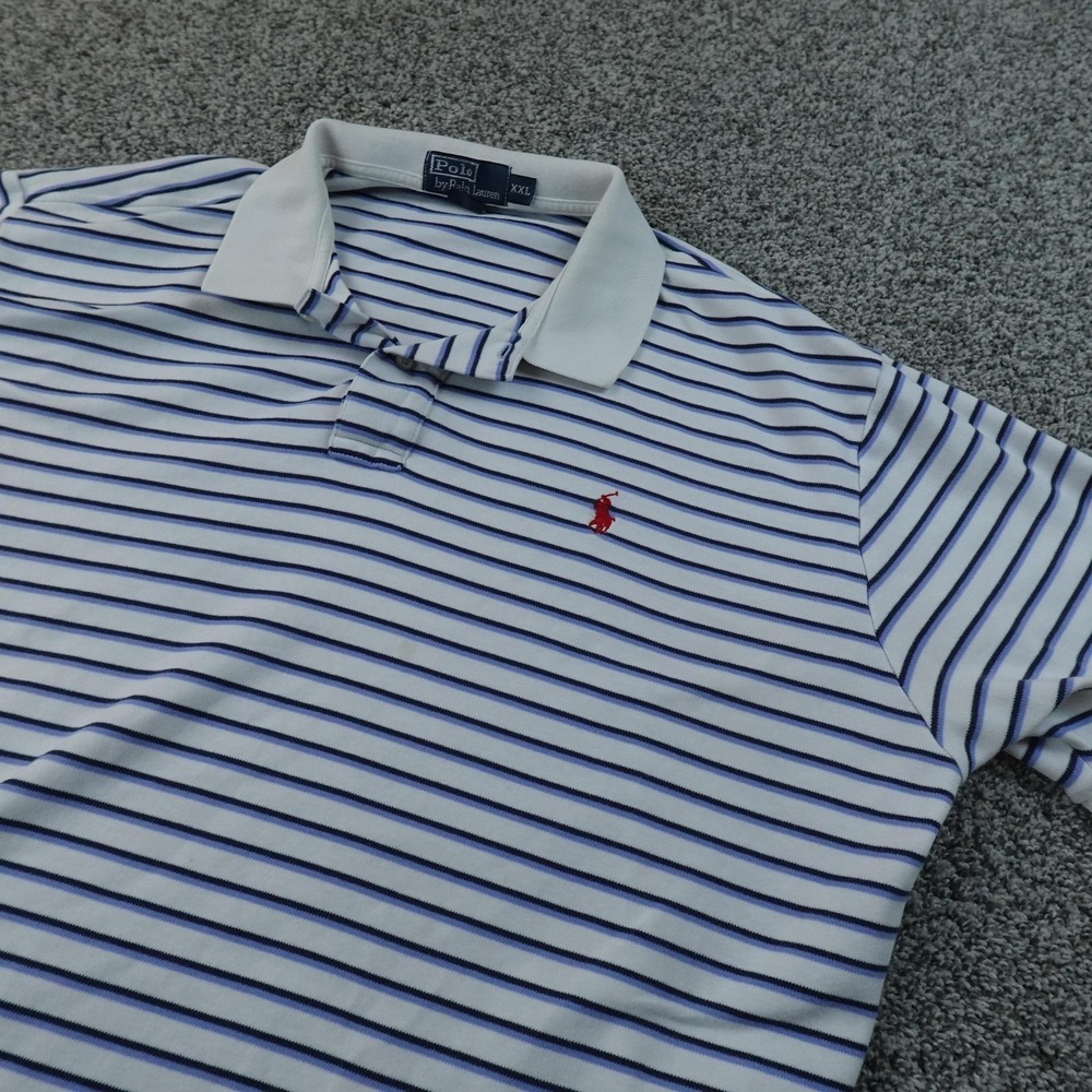 VTG Ralph Lauren Polo Shirt Mens 2XL White Stripe Pony Golf Preppy Short Sleeve